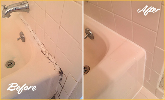 Before and After Picture of a Casas Adobe Hard Surface Restoration Service on a Tile Shower to Repair Damaged Caulking