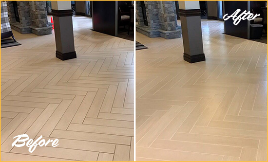 Before and After Picture of a Tanque Verde Hard Surface Restoration Service on an Office Lobby Tile Floor to Remove Embedded Dirt