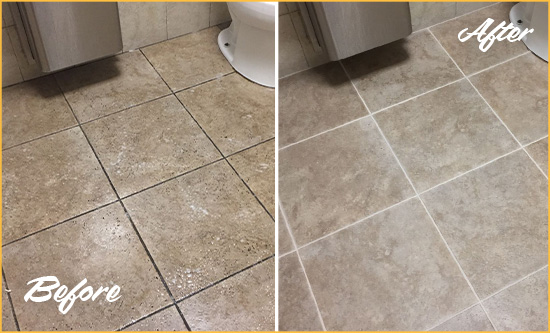 Before and After Picture of a Tucson Office Restroom Floor Recolored Grout