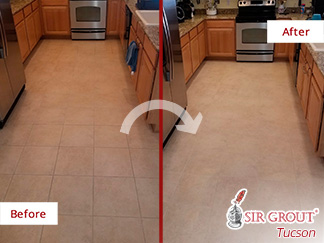 Before and After Picture of a Kitchen Floor Tile and Grout Cleaners in Tucson, Arizona