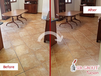 Before and After Picture of a Tile Kitchen Floor Grout Cleaning Service in Tucson, Arizona