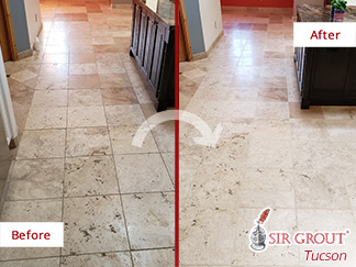 Before and After Picture of a Stone Cleaning Process in Catalina Foothills, AZ