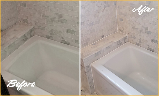 Picture of a Marble Bathroom Before and After a Bathroom Recaulking on the Tub Joints