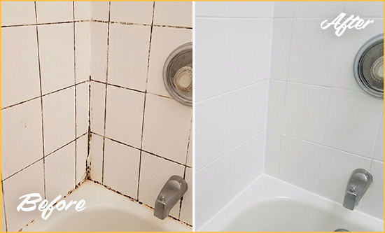 Before and After Picture of a Shower Grout Recoloring in a Bathtub Area