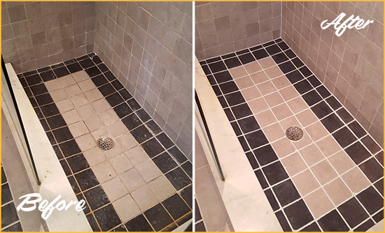 Before and After Picture of Travertine Shower  Honed and Polished to Remove Stains
