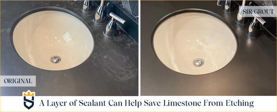 Before and After Picture of a Limestone Countertop Sealing Service