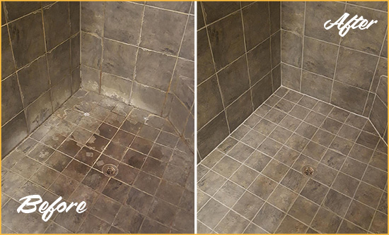Before and After of Grout Sealing on a Shower to Remove Efflorescence