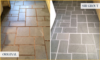 Before and After Picture of Tile Floor with Dirty Groutlines