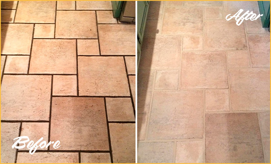 Before and After Picture of Tumbled Travertine Floor Cleaned to Remove Embedded Dirt