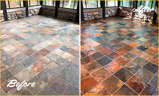 Before and After Picture of a Slate Floor Restored