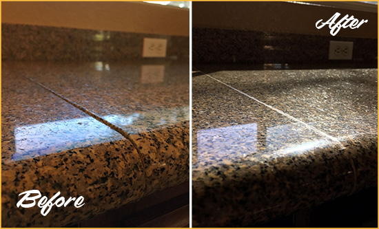 Before and After Picture of a Cleaned and Sealed Granite Countertop with Damaged Seam-line