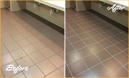 Before and After Picture of a Picture Rocks Restrooms Tile and Grout Cleaned to Remove Embedded Dirt