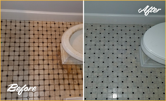 Before and After Picture of a Picture Rocks Bathroom Tile and Grout Cleaned to Remove Stains
