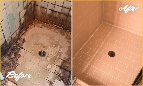 Before and After Picture of a Tucson Shower Tile and Grout Cleaned to Repair Water Damage