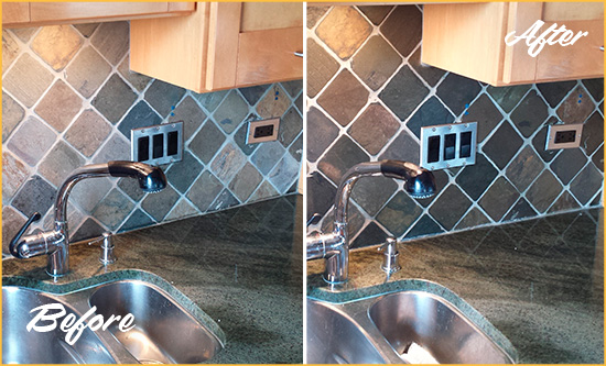 Before and After Picture of a South Tucson Backsplash Caulked to Fix and Prevent Water Leaks