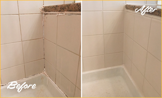 Before and After Picture of a Picture Rocks Shower Caulked to Repair Damaged Caulking