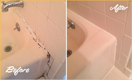 Before and After Picture of a Casas Adobe Bathroom Sink Caulked to Fix a DIY Proyect Gone Wrong