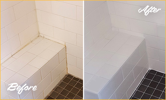 Before and After Picture of a Corona de Tucson Shower Seat Caulked to Protect Against Mold and Mildew Growth