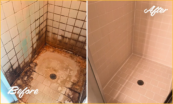 Before and After Picture of a Casas Adobe Shower Caulked to Fix and Prevent Water Damage