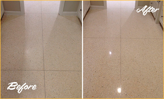 Before and After Picture of a Corona de Tucson Granite Stone Floor Polished to Repair Dullness