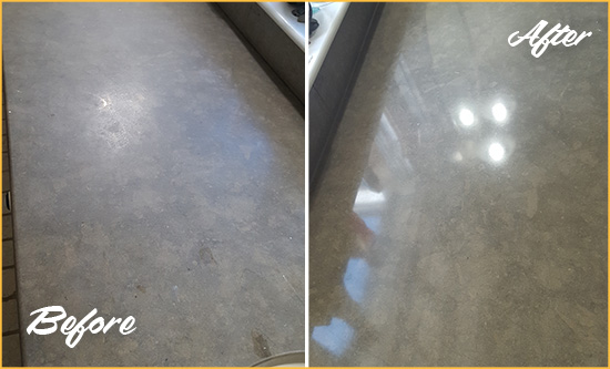 Before and After Picture of a Dull Corona de Tucson Limestone Countertop Polished to Recover Its Color