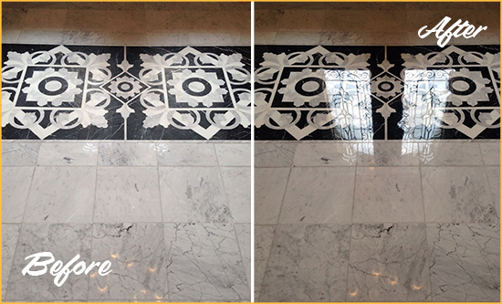 Before and After Picture of a Picture Rocks Marble Stone Floor Polished to a Mirror Shine