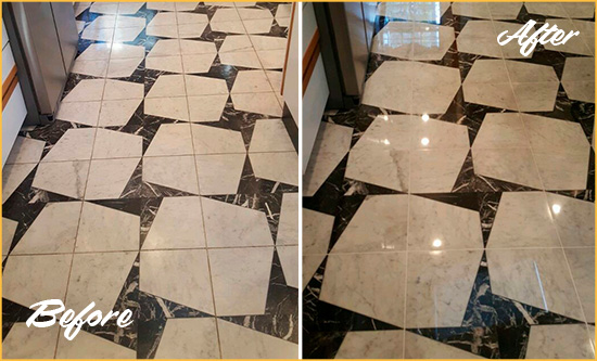 Before and After Picture of a Dull Picture Rocks Marble Stone Floor Polished To Recover Its Luster