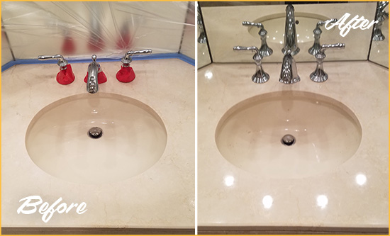 Before and After Picture of a Dull Sahuarita Marble Stone Vanity Top Polished to Bring-Back Its Sheen
