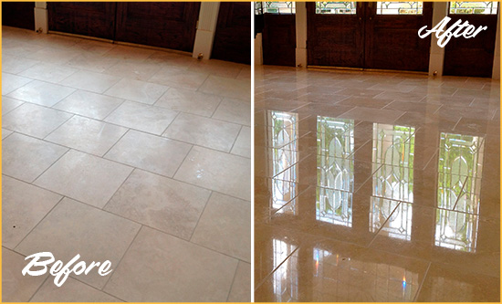 Before and After Picture of a Dull Corona de Tucson Travertine Stone Floor Polished to Recover Its Gloss