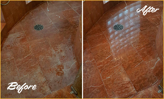 Before and After Picture of a Vail Marble Stone Shower Polished to Eliminate Mineral Deposits