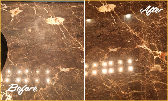 Before and After Picture of a Picture Rocks Marble Stone Countertop Polished to Eliminate Stains