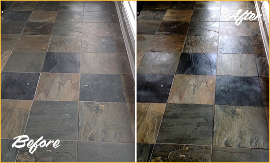 Before and After Picture of a Dull Catalina Slate Floor Sealed to Bring Back Its Colors