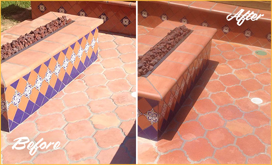 Before and After Picture of a Dull Tucson Terracotta Patio Floor Sealed For UV Protection