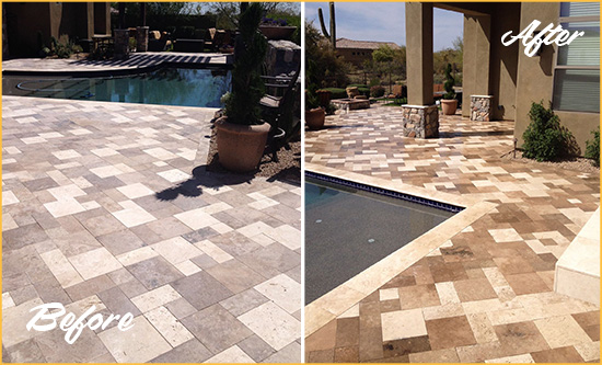 Before and After Picture of a Faded Corona de Tucson Travertine Pool Deck Sealed For Extra Protection