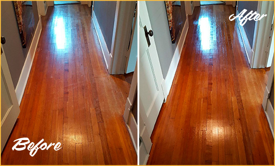 Before and After Picture of a Catalina Wood Deep Cleaning Service on a Floor to Eliminate Scratches
