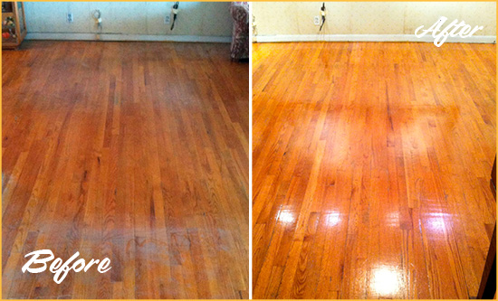 Before and After Picture of a Picture Rocks Wood Deep Cleaning Service on a Stained Floor