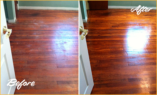 Before and After Picture of a Picture Rocks Wood Deep Cleaning Service on a Dull Floor to Remove Stains