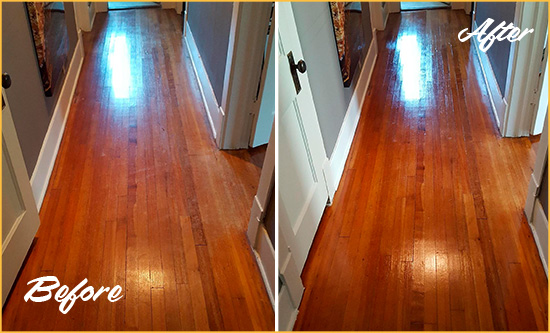 Before and After Picture of a Catalina Wood Sand Free Refinishing Service on a Floor to Eliminate Scratches