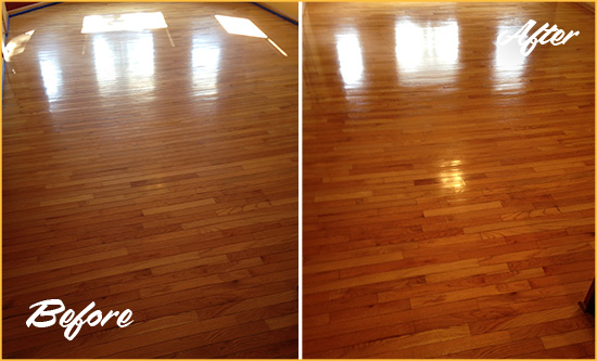Before and After Picture of a Catalina Foothills Wood Sand Free Refinishing Service on a Room Floor to Remove Scratches