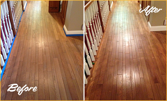 Before and After Picture of a Picture Rocks Wood Sand Free Refinishing Service on a Worn Out Floor