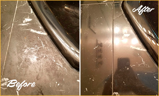 Before and After Picture of a Tucson Marble Countertop Cleaned to Remove Deep Dirt