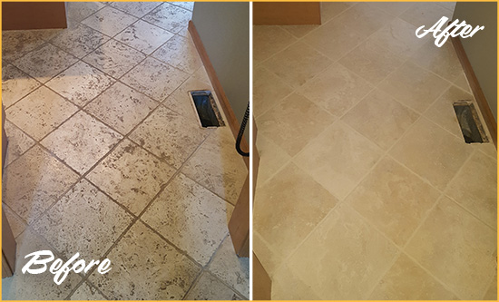 Before and After Picture of a Sahuarita Kitchen Marble Floor Cleaned to Remove Embedded Dirt