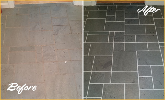 Before and After Picture of a Picture Rocks Slate Floor Cleaned to Remove Deep-Seated Dirt