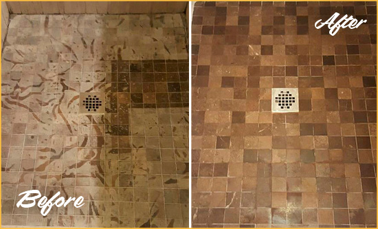 Before and After Picture of a Stained Marana Marble Shower Floor Cleaned to Remove Etching