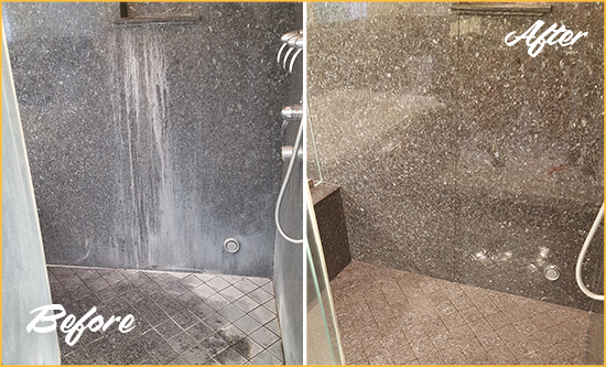 Before and After Picture of a Catalina Foothills Granite Shower Cleaned to Remove Mineral Deposits