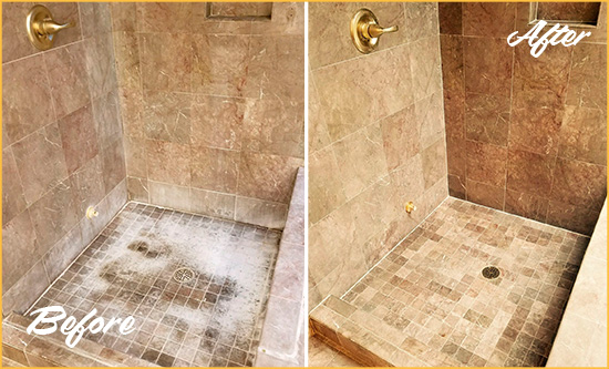 Before and After Picture of a Tucson Travertine Shower Cleaned to Eliminate Water Spots