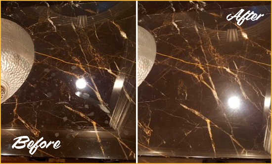 Before and After Picture of a Marana Marble Countertop Cleaned to Remove Water Spots