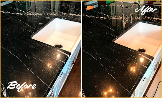 Before and After Picture of a South Tucson Marble Kitchen Countertop Stone Sealed to Avoid Water Damage