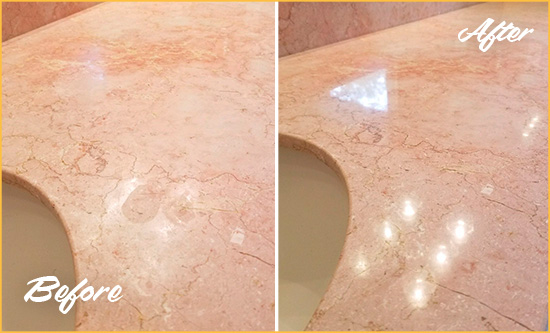 Before and After Picture of a Marana Marble Stone Vanity Top Sealed to Avoid Water Marks