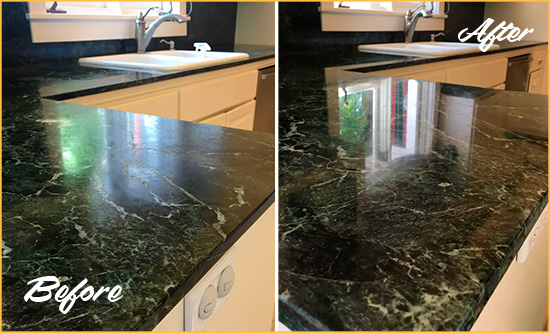 Before and After Picture of a Picture Rocks Marble Kitchen Countertop Honed to Remove Water Marks